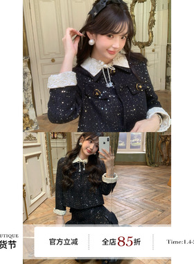 F boutique 手工坊 重工钉珠蕾丝花边领小香风压褶套装