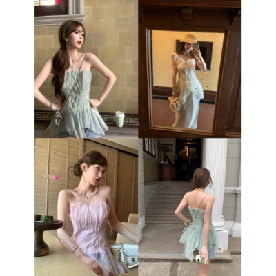 F boutique「粉雾人鱼」a*je早春仙气定染手工抽褶鱼骨打揽抹胸女