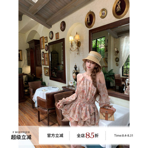 F boutique「油画玫瑰」复古雪纺印花编织露肩长袖连衣裙+灯笼裤