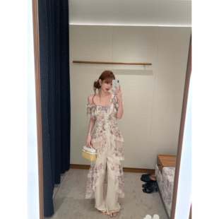 F boutique「中古zim」秀款重工鸢尾花雪纺拼接蕾丝连衣裙+亚麻裤