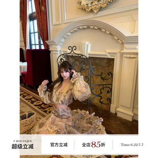 F boutique「zim油画印花」重工定制yb双股线蕾丝荷叶边上衣+半裙