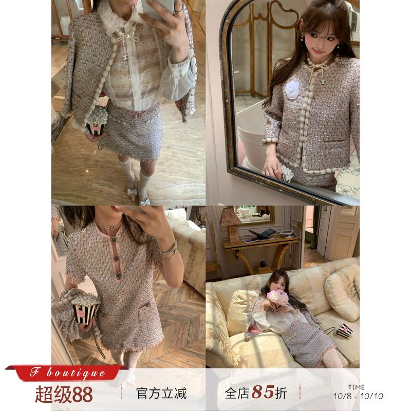 F boutique「高奢重工」真丝手缝钻花边富家千金外套+半裙+连衣裙
