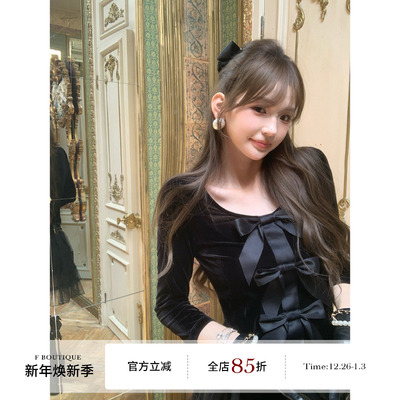 F boutique 手工蝴蝶结 小香25k定制丝绒圆领上衣