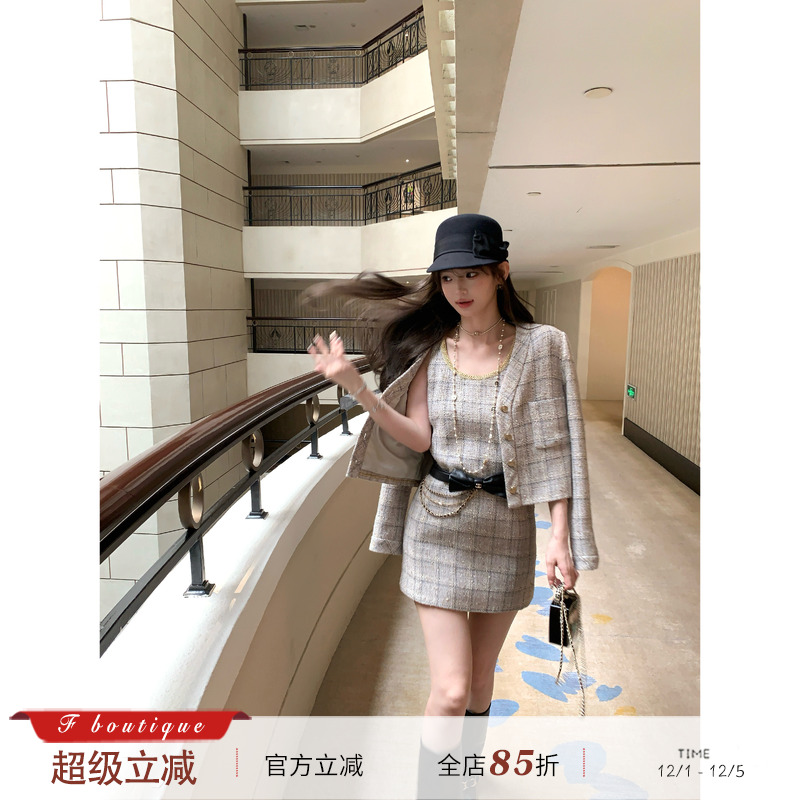 F boutique【现货】25k格纹定制面料羊毛小香连衣裙+外套