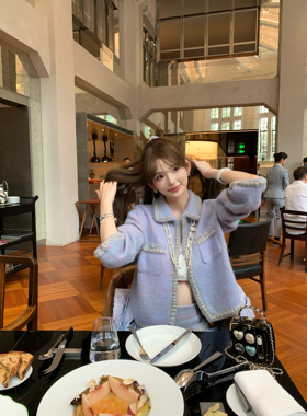 F boutique 高奢进口机织100%羊绒高克重小香25k定染草紫针织套装