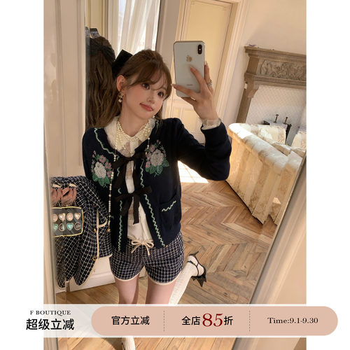 F boutique「手工坊重磅」刺绣钉珠山茶花蝴蝶结绑带羊毛开衫