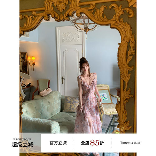 F boutique「玫瑰庄园」6米斜裁v领不规则荷叶边镂空吊带连衣长裙