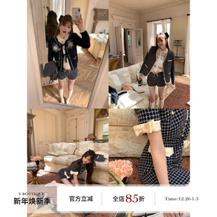 连衣裙 短裤 boutique「重磅王炸」格纹羊毛复古蝴蝶结小香外套