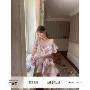 F boutique「仲夏花野」金丝提花软鱼骨木耳边不规则雪纺连衣裙