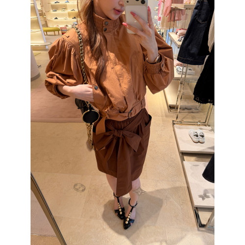 F boutique「棕调邂逅」1w+私服开版定染100%棉府绸绑带铅笔裙