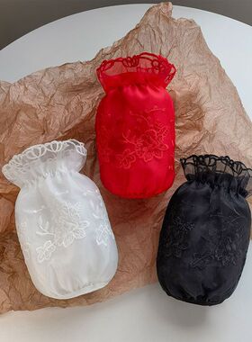 蕾丝袖套女秋冬双层网纱刺绣韩版新娘网红黑白红色防污羽绒服套袖