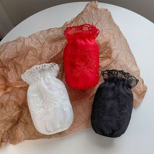 蕾丝袖套女秋冬双层网纱刺绣韩版新娘网红黑白红色防污羽绒服套袖