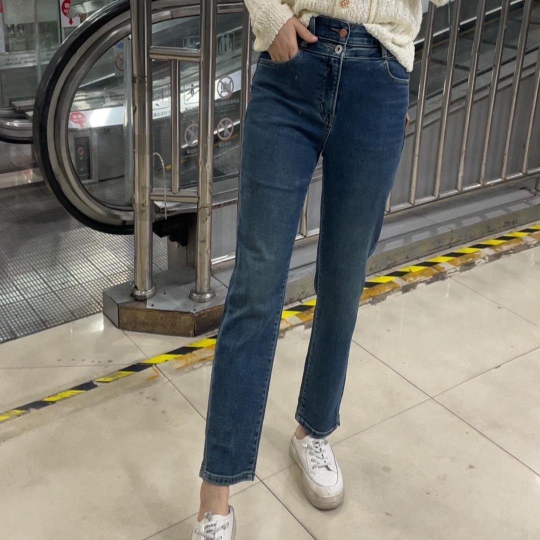 韩国minibrand早春蓝色宽松直筒开叉直筒百搭遮肉显瘦女装牛仔裤