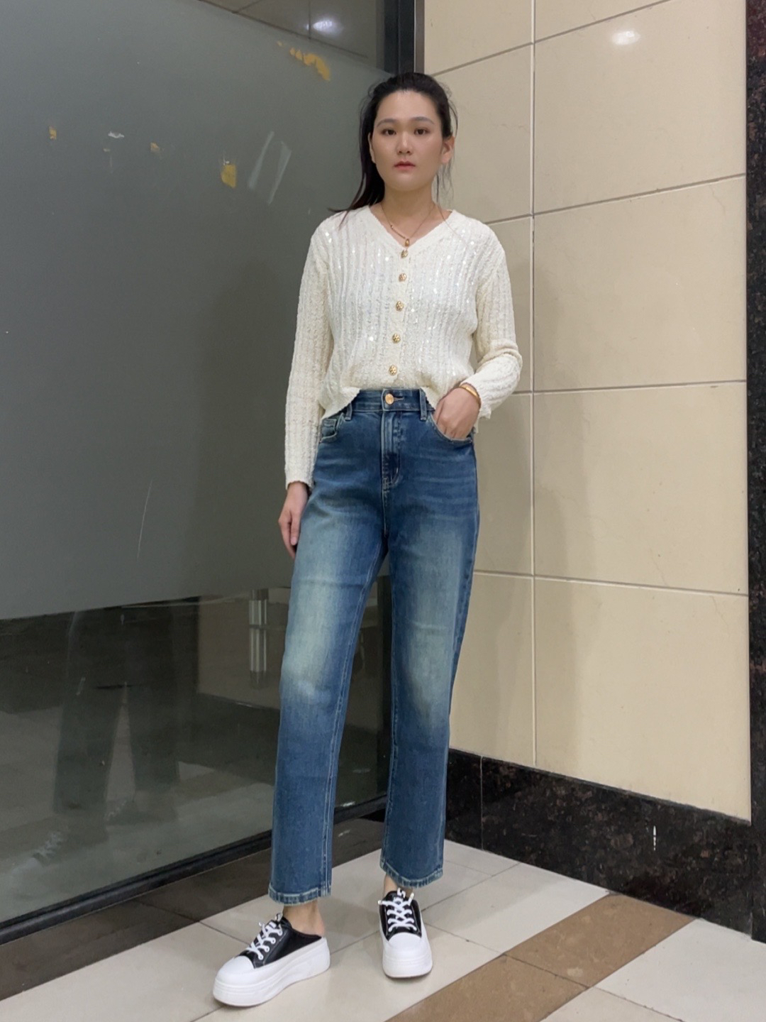 韩国 MiniBrand 春秋九分宽松直筒复古蓝显瘦百搭遮肉显瘦牛仔裤