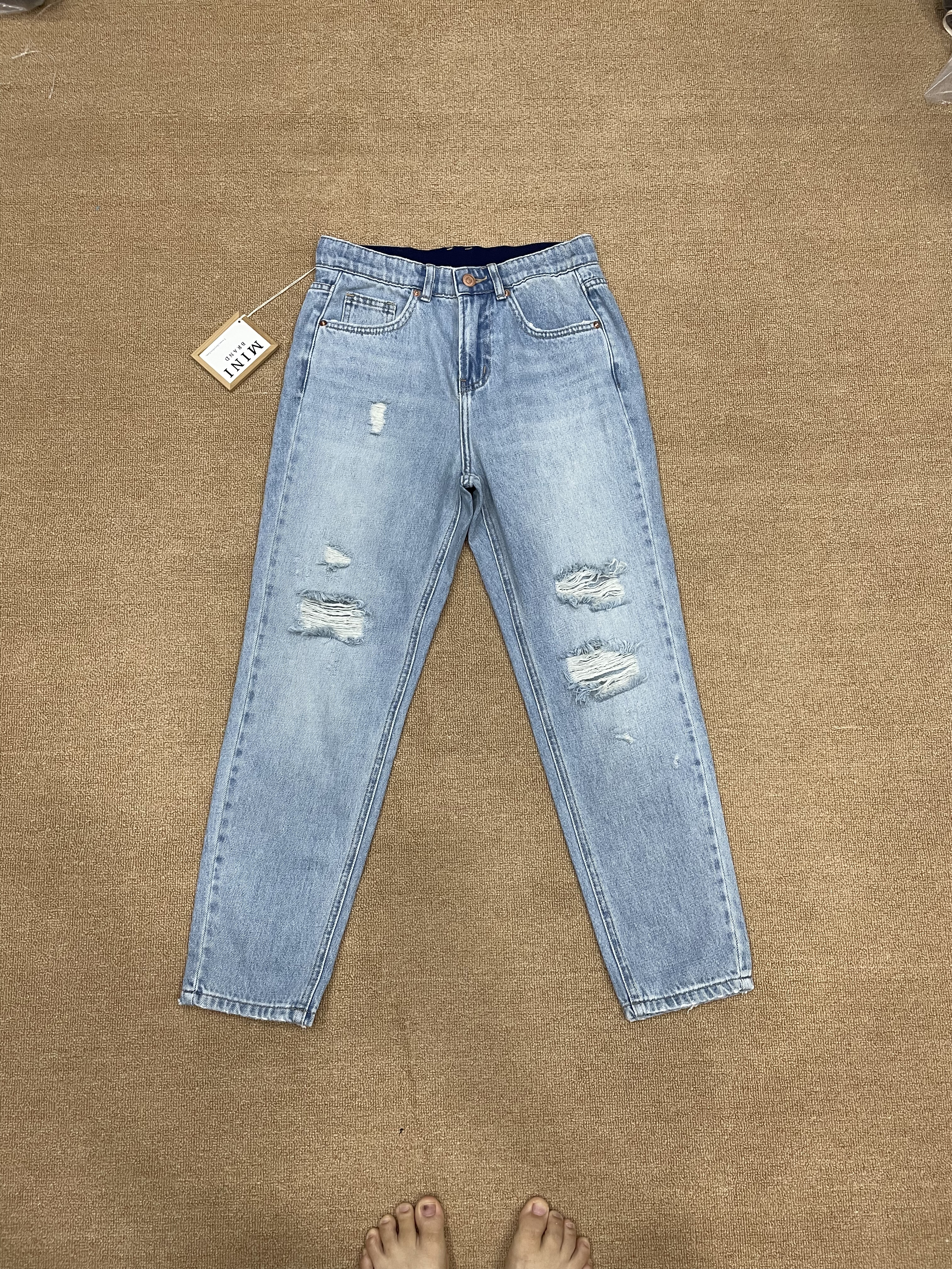 韩国 minibrand 夏季浅蓝色高腰无弹力舒适透气百搭磨破哈伦牛仔