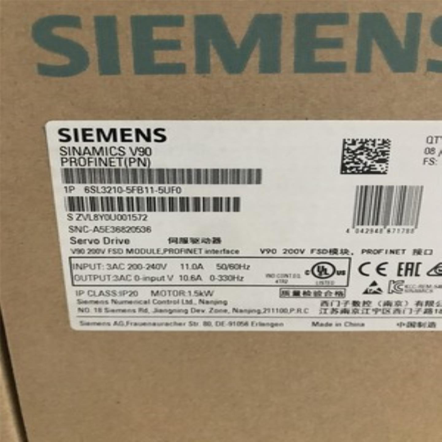 6SL3210-5FB11-5UF0西门子V90变频器原装正品6SL32105FB115U询价
