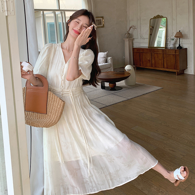 【新款现货】夏季国风印花包扣收腰飘带长款连衣裙L116 P130K178