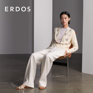 女春白色百搭高腰休闲长裤 ERDOS 丝棉混纺复古条绒阔腿裤