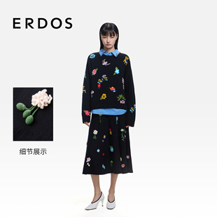 饰针织裙装 绒毛混纺手钩花朵装 女士半身伞裙2026年早春新品 ERDOS