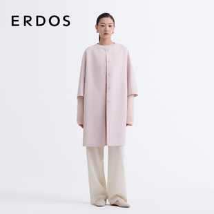 圆领粉色中长款 ERDOS 双面毛呢外套女 丝毛混纺大衣