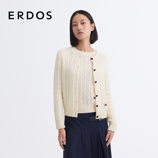 圆领刺绣针织毛衣女宽松开衫 ERDOS 套衫 绞花羊绒