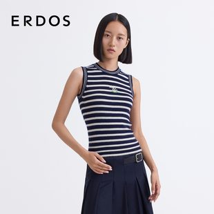 薄款 圆领铃兰花刺绣针织背心25年春新品 ERDOS 条纹 精纺羊绒