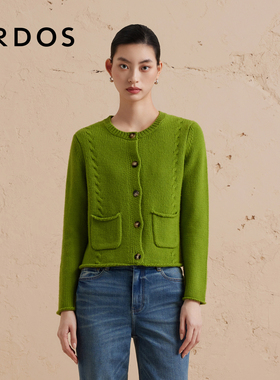 【复古绿色纯羊绒开衫】ERDOS 圆领绞花短款针织毛衣女冬