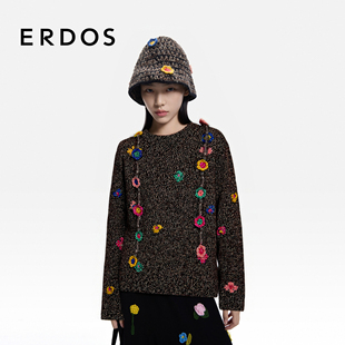 毛绒混纺上衣春日羊绒 26年早春新品 ERDOS 多巴胺提花圆领女针织衫