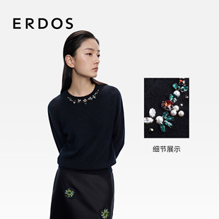 饰宽松休闲套衫 ERDOS 缝石装 25年秋冬新品 圆领女士羊绒衫