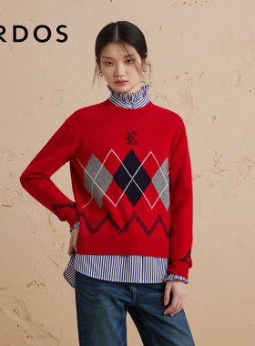 【菱形格提花羊绒衫】ERDOS 圆领红色针织毛衣冬复古节日