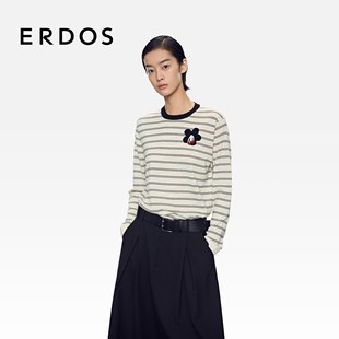 装 25年秋冬新品 饰毛绒混纺条纹T恤上衣 精纺圆领夹条女套衫 ERDOS