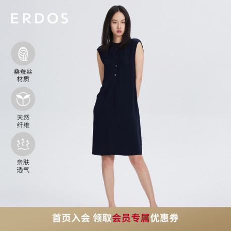 【桑蚕丝】ERDOS 立领后颈系带无袖中长款真丝连衣裙女商品大图