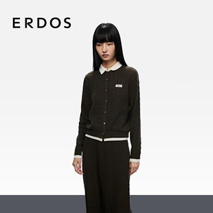 撞色拼接假两件学院风开衫 25年秋冬新品 小翻领绞花女羊绒衫 ERDOS