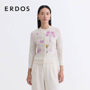 圆领水彩花卉针织开衫 ERDOS 女淡人穿搭 精纺丝绒