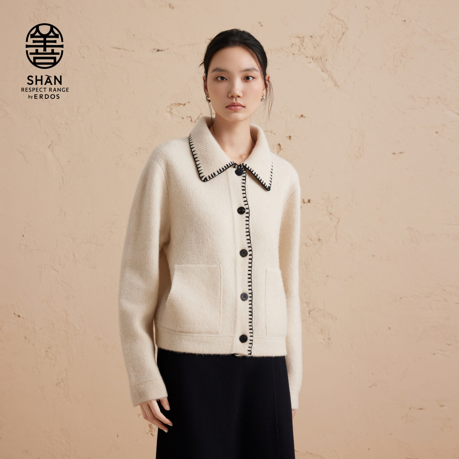 ERDOS善系列 翻领双提外套女冬撞色羊绒牦牛绒宽松针织开衫