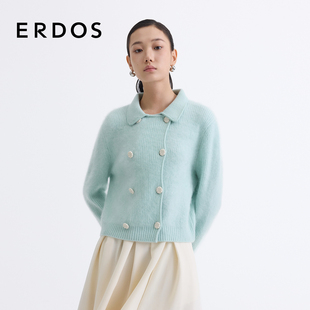 翻领双排扣针织开衫 ERDOS 女拉绒罗纹毛衣 羊绒外套