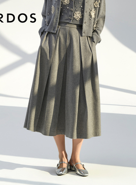 ERDOS 灰色中长款半身裙女秋格雷系绒毛混纺毛呢A字伞裙