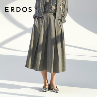 ERDOS 半身裙女秋格雷系绒毛混纺毛呢A字伞裙 灰色中长款