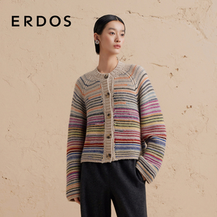 开衫 圆领羊绒羊毛厚款 ERDOS 女冬 渐变翻花针织外套