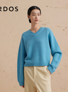 ERDOS 蓝色V领罗纹肌理羊绒衫女冬短款翻花厚款针织毛衣