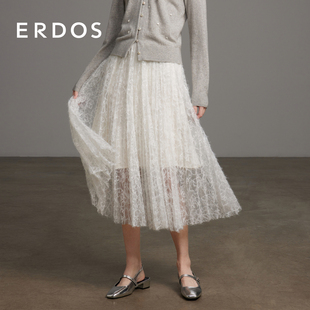 ERDOS白色刺绣蕾丝百褶A字裙女优雅中长款 补单亮片半裙 爆款