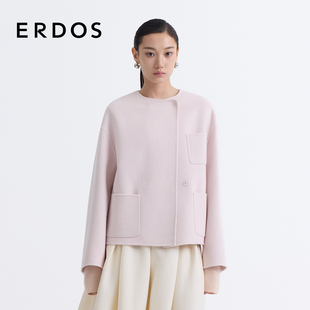 ERDOS 宽松上衣 丝毛混纺双面毛呢外套女粉色圆领短款