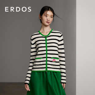 ERDOS 女春双开拉链条纹针织外套 圆领刺绣双畦纯羊绒开衫