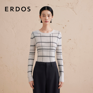 针织套衫 T恤女秋薄款 ERDOS圆领抽条修身 内搭 精纺羊绒