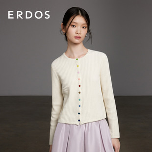 女夏白色彩虹扣薄款 针织开衫 外套上衣 圆领抽条长袖 ERDOS