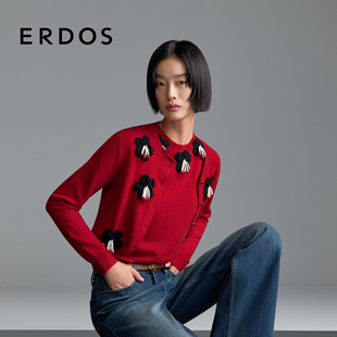 25年秋冬新品 圆领女士羊绒衫 ERDOS 立体花朵开衫 秀场同系列