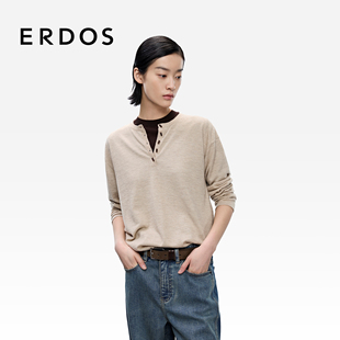 精纺 25年秋冬新品 ERDOS 圆领羊绒衫 亨利领燕麦色针织衫 女装
