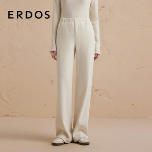 白色圆机直筒裤 ERDOS 秋冬女松紧腰休闲长裤 复古条绒阔腿裤
