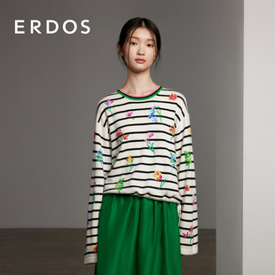 条纹宽松抽绳针织毛衣 女春季 ERDOS 圆领电脑提花纯羊绒衫