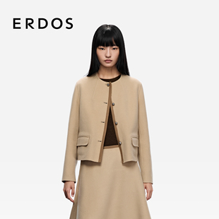 撞色边外套 女羊毛羊绒混纺圆领短款 ERDOS 女士短外套25年秋冬新品